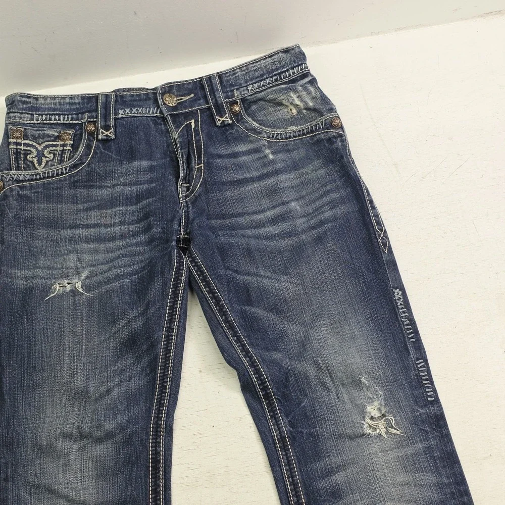 Rock Revival Paul Straight Jeans Men's 32x29 Distressed Dark Wash Thick Stitch
